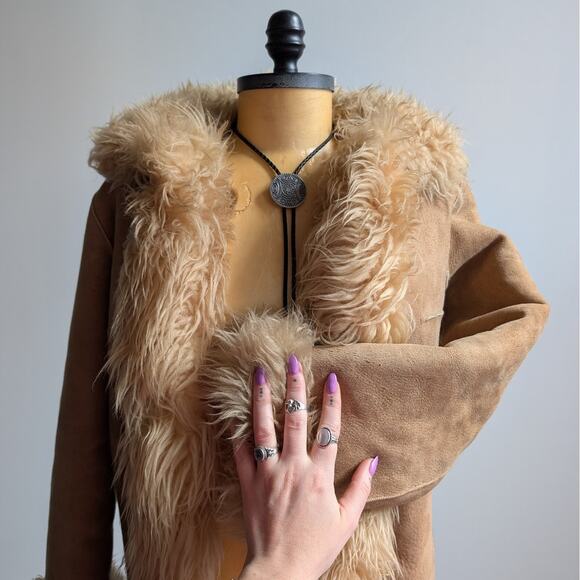 70s Vintage Brown Leather Penny Lane Coat Tan Suede Fur Groovy Boho Afghan Coat - Picture 5 of 10